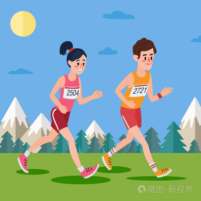 马拉松选手. 男人和女人在树林和山台奔跑