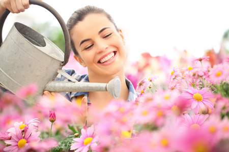 春天，微笑在花园里浇水雏菊花的女人