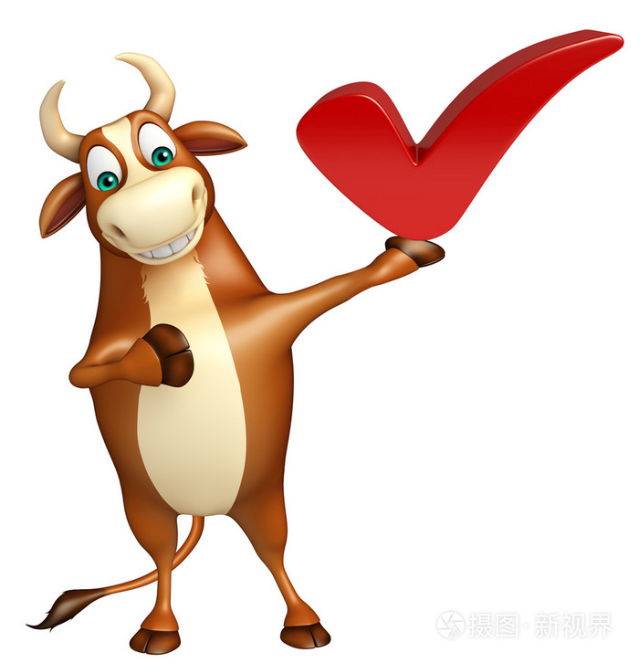 公牛的卡通人物与正确的标志