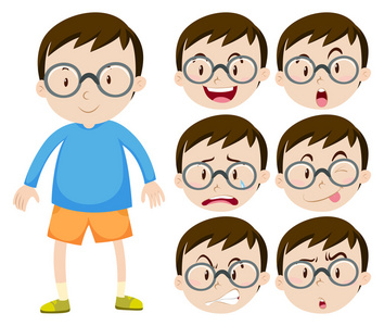 小男孩戴着眼镜，很多的面部表情