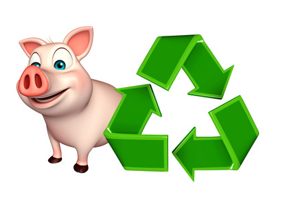 可爱猪卡通人物与回收