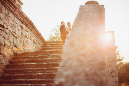 美丽浪漫新婚夫妇的新婚夫妇拥抱在旧城堡附近日落