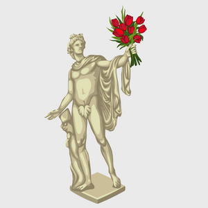 希腊人雕塑用红色束鲜花图片