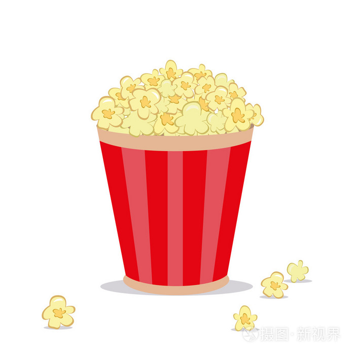 爆米花在白色背景上的条纹的斗平卡通矢量图