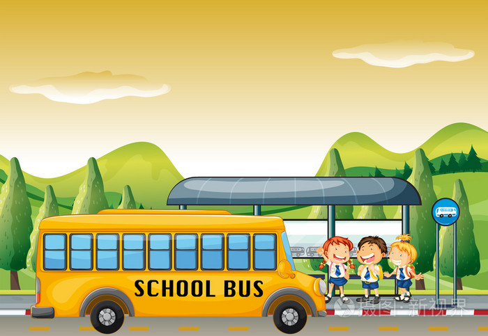 孩子们相处的校车在公共汽车站