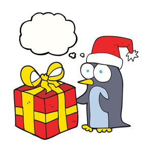 思想泡泡卡通圣诞企鹅带着礼物