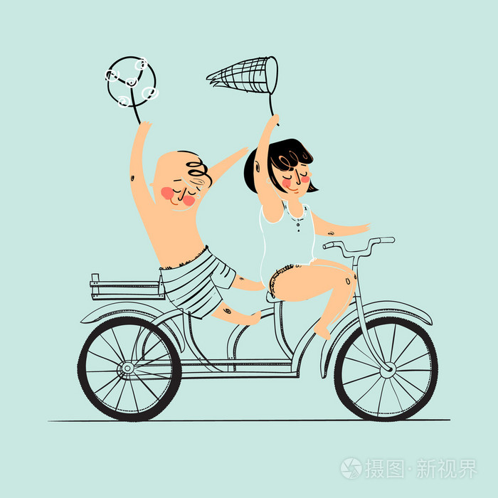 两个最好朋友骑双人自行车。平面设计。矢量图。分离
