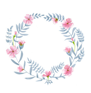 水彩花卉花环与粉红色的花朵 叶子和灰色的早午餐。完美的婚礼请柬和生日卡片