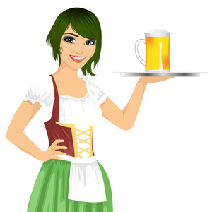 迷人的女服务员拿着托盘与慕尼黑啤酒节聚会穿裙啤酒杯