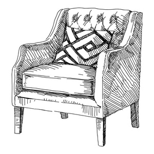 儿童家具.床, 桌子和两把椅子.手素描样式绘制的矢量的图桌子和椅子.