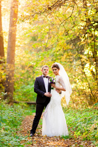 新娘和新郎拥抱在秋天的树林