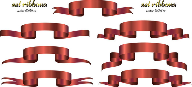 红色丝带真实光泽矢量插图集。 网页