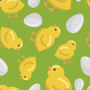 无缝绿色背景图案的滑稽画快乐可爱的黄色小鸡和一个新鲜的鸡蛋