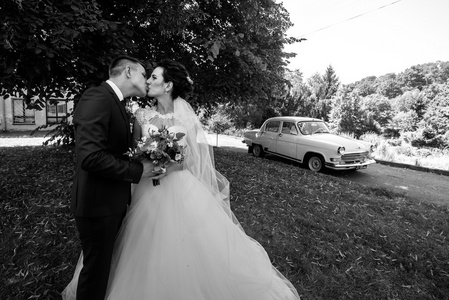新娘和新郎在公园接吻