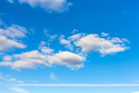 蓝色的天空与云彩和水平的飞机小道
