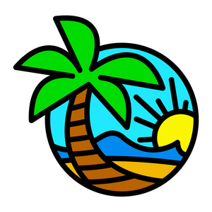夏季海滩海浪海洋棕榈树热带假期放假矢量图标