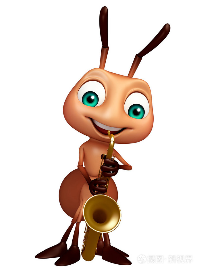 可爱的蚂蚁卡通角色,与萨克斯管