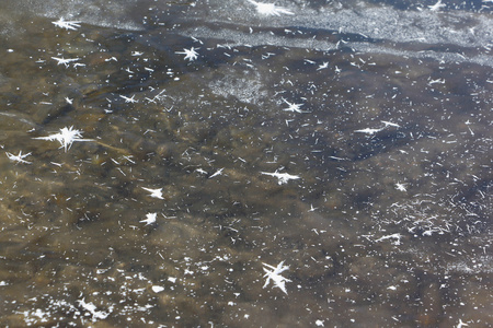 解冻河薄冰上的白霜形成