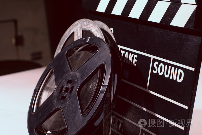 特写电影摄像机黑板和辊