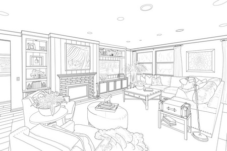黑色线描的一个自定义的客厅照片
