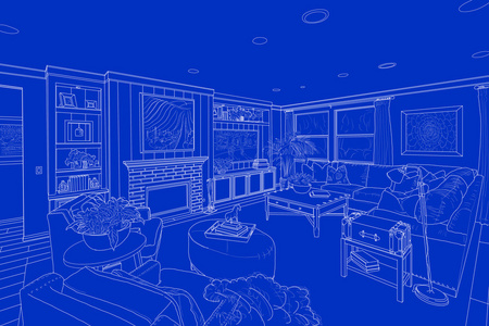 上一个自定义的客厅蓝白色的线描