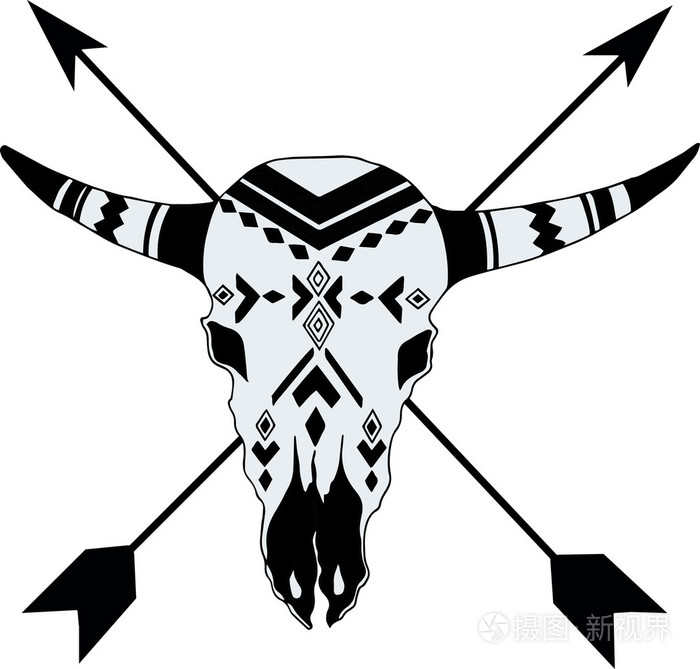 手绘水牛头骨美国原住民图腾