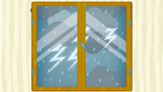 卡通场景窗口暴风雨打雷的天气照片
