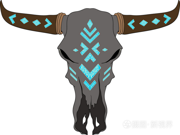 手绘水牛头骨美国原住民图腾