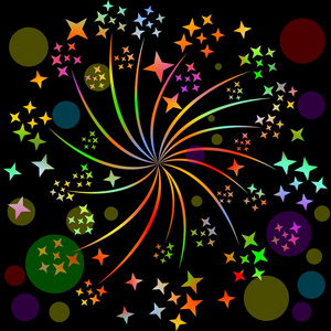 烟花，烟火莲座丛母题与五彩星与光线模糊的黑色背景上。为庆祝 生日 新年装饰