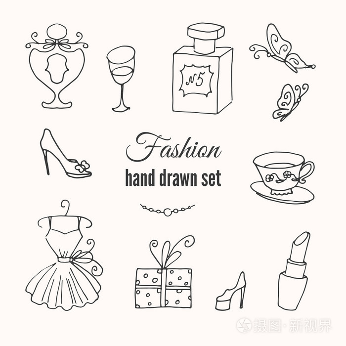 插画 矢量时尚手绘元素集.法国风格的速写手集合.eps