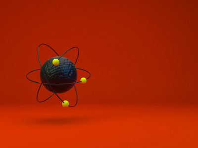 原子与阴影在红色的背景下，3d 模型