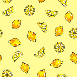 美丽的动画柠檬水果在黄色背景上。柠檬绘图。无缝模式