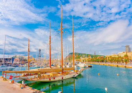帆船 浪漫的 海岸 假日 码头 巴塞罗那 沿海 海湾 加泰罗尼亚