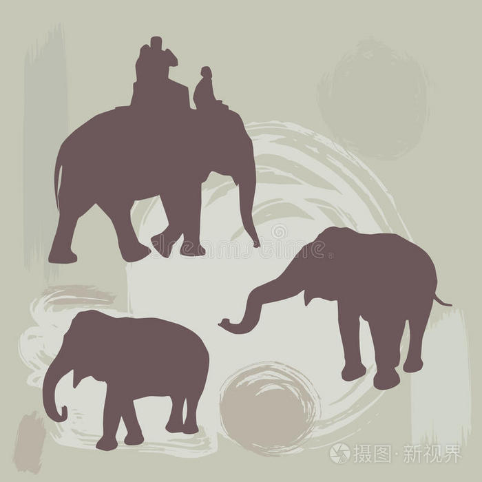 大象在灰色背景上的剪影。 矢量