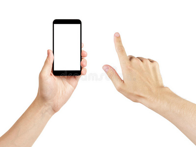 成年男子手使用通用手机与白色屏幕