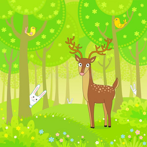 动画鹿在树林里玩捉迷藏与兔子