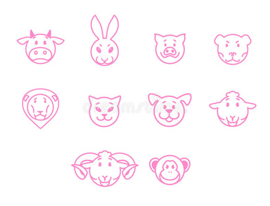 动物设置粉红色轮廓简单的风格