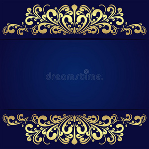 优雅的蓝色背景与花卉金色边框.照片
