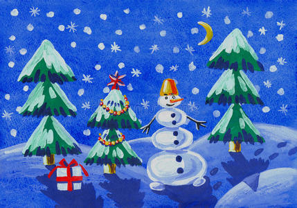 艺术 云杉 月亮 绘画 明星 雪花 新的 假日 冬天 插图