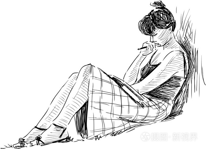 草绘的读书的女孩子