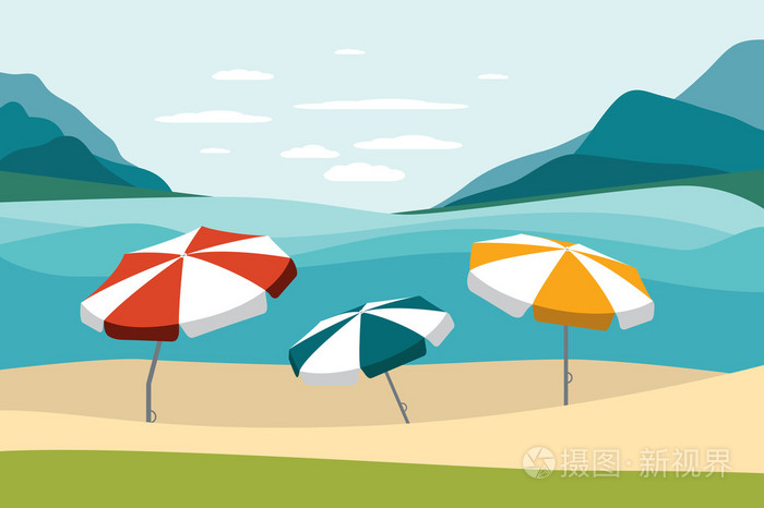 夏季海滩与颜色遮阳伞.平面设计