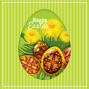 复活节贺卡用鸡蛋和鲜花。矢量图