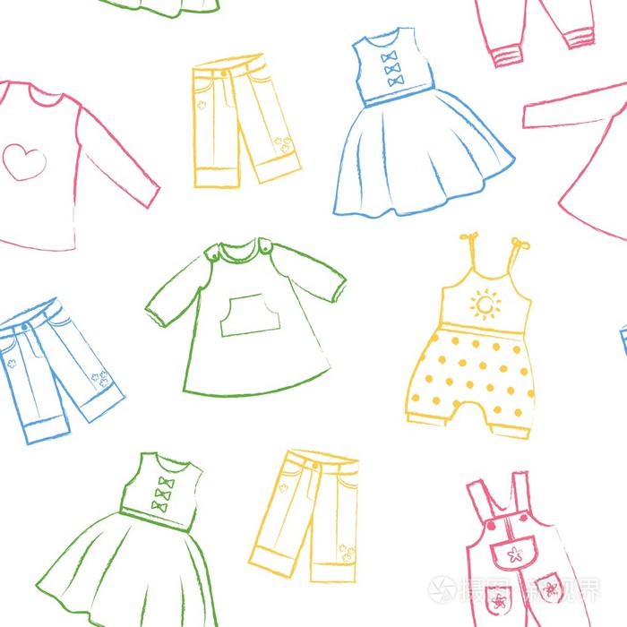 插画 无缝模式白色背景与可爱素色裙子的小女孩.