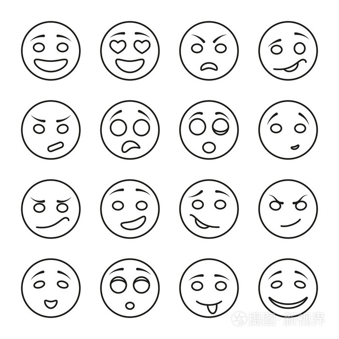 在白色背景上的人脸情绪的集合.黑色线图标.线性的设计.