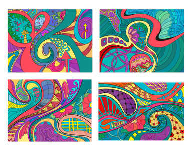 四个抽象背景鲜花鲜艳色彩 线条 波与一套