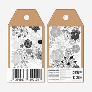 矢量标签设计两侧，纸板销售带有条码的标签。手拉花涂鸦图案，抽象矢量背景