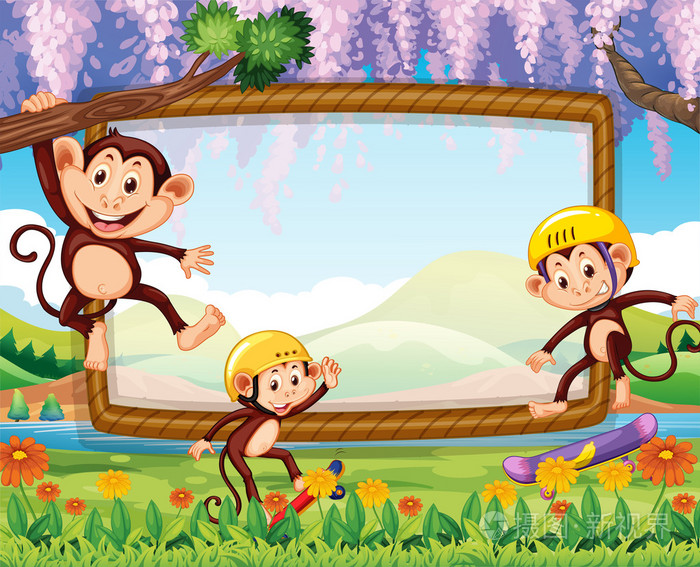 在公园里有三只猴子边框设计