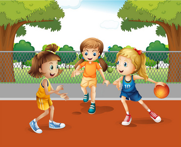 三个女孩在法院打篮球