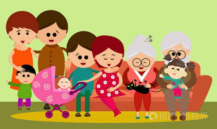 可爱的大家族,在沙发上的插图