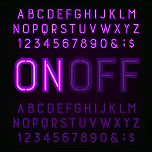 紫色霓虹灯字母字体。两种不同的风格。打开或关闭的灯